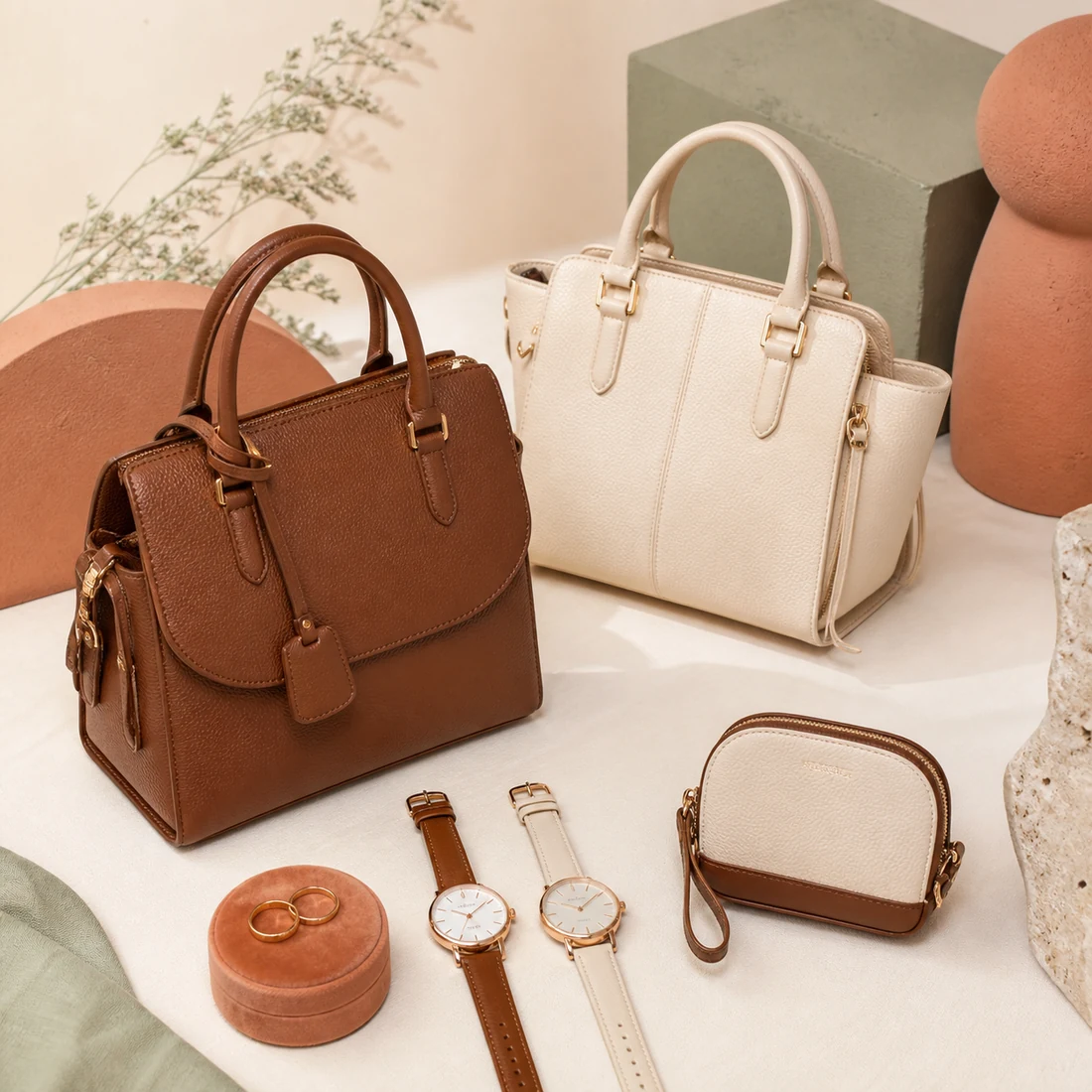 Tas, jam, cincin, dan pouch serasi warna cokelat serta krem