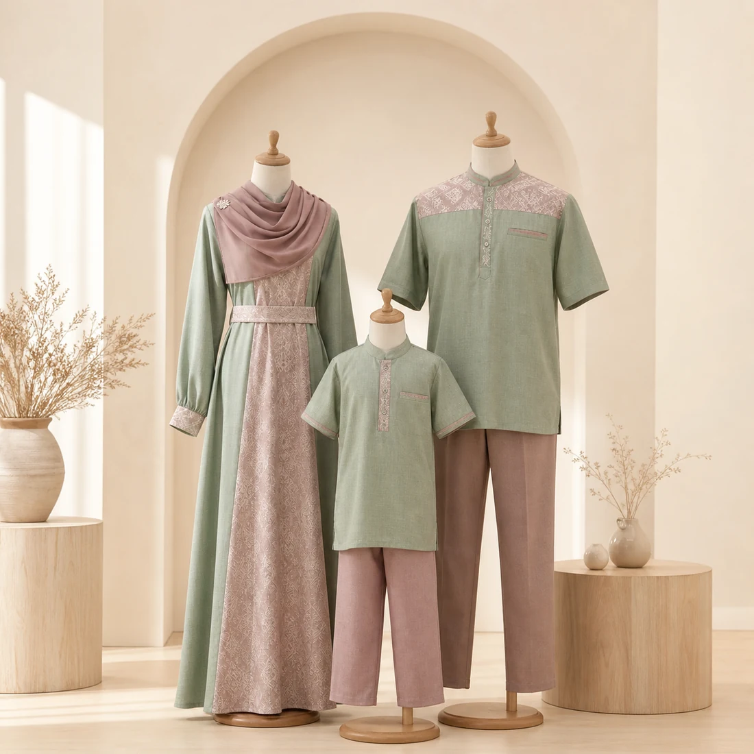 Set keluarga warna sage dan dusty rose pada manekin kain