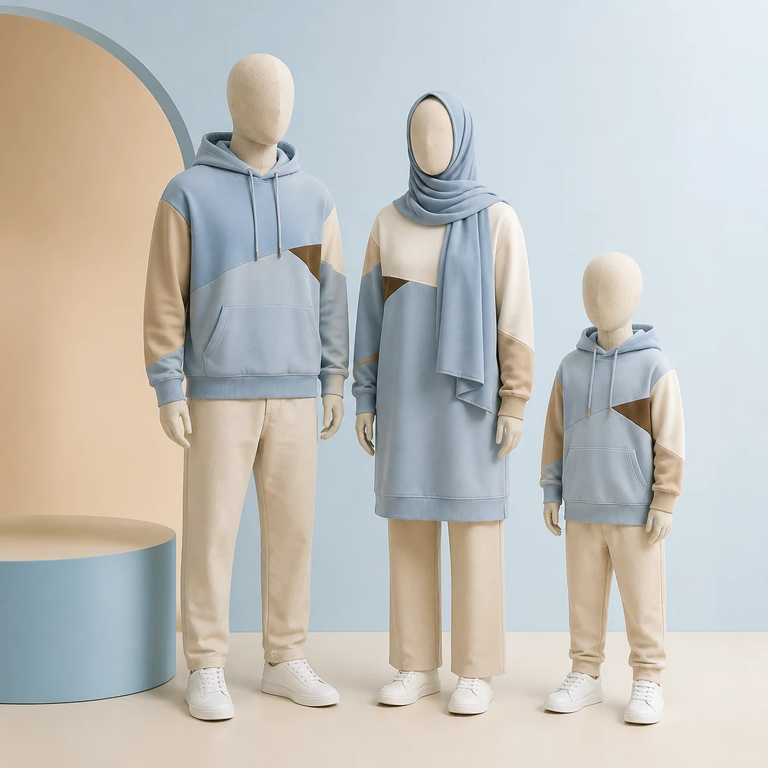 Set hoodie keluarga warna biru muda dan pasir pada tiga manekin kain