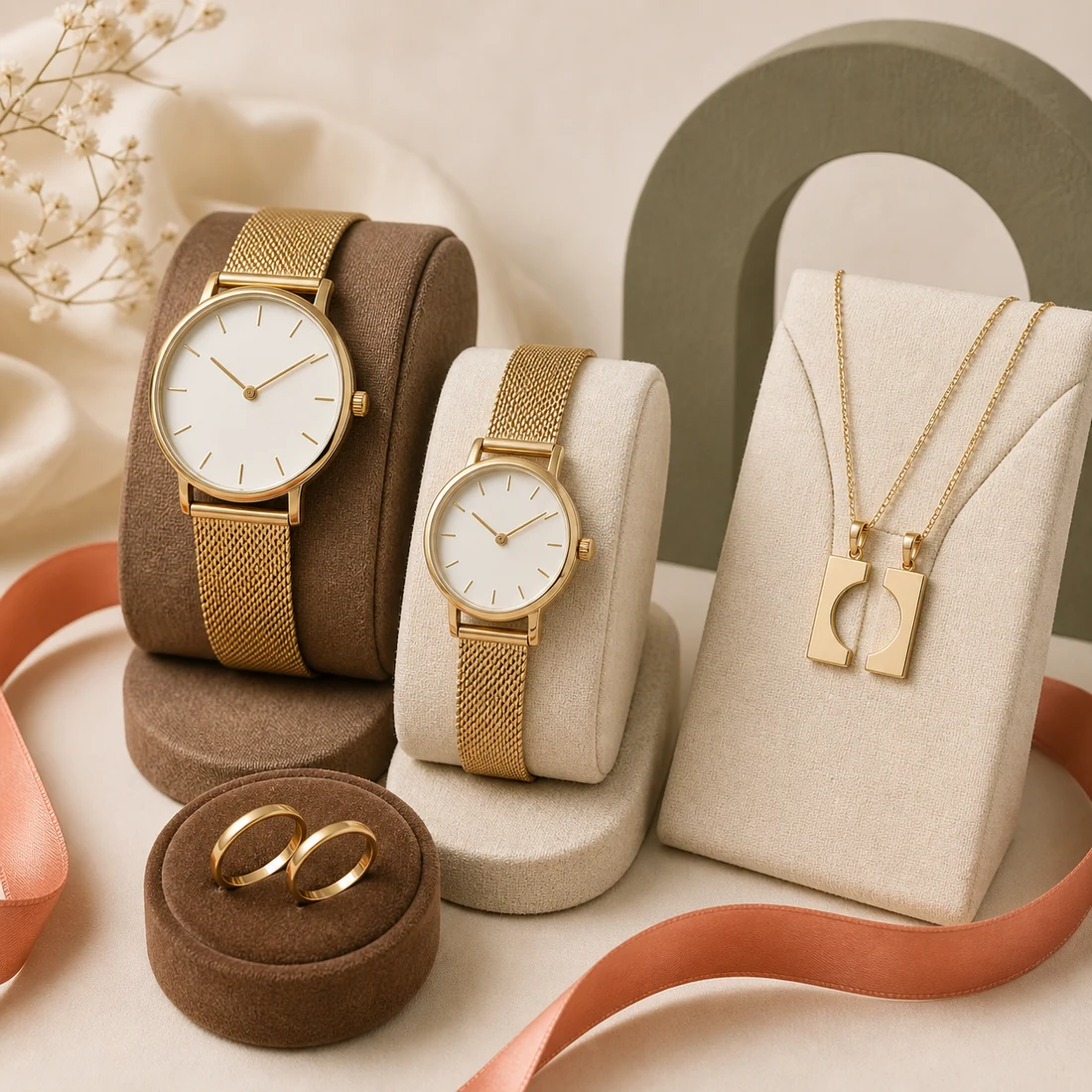 Pasangan jam, cincin, dan kalung emas pada display kain